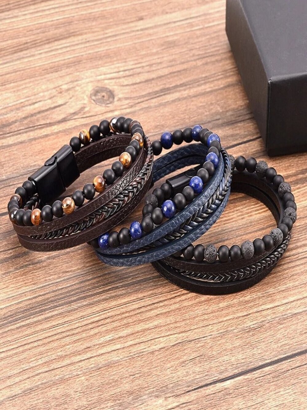 Men's Layered Braided Leather Beaded Bracelet With Tiger Eye Natural Stone - Picture 8 of 10
